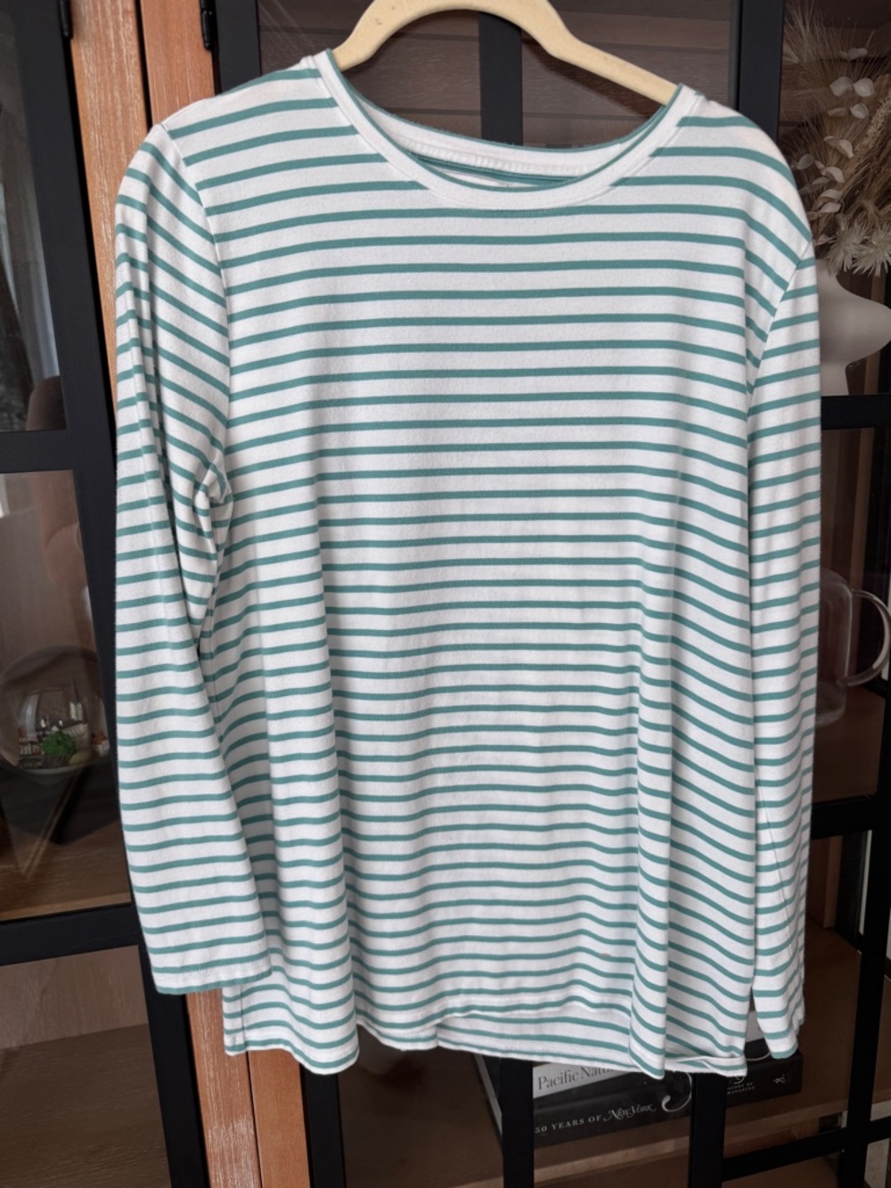 Alice Walk pima striped 3/4 long sleeve crewneck tee shirt sage green cotton